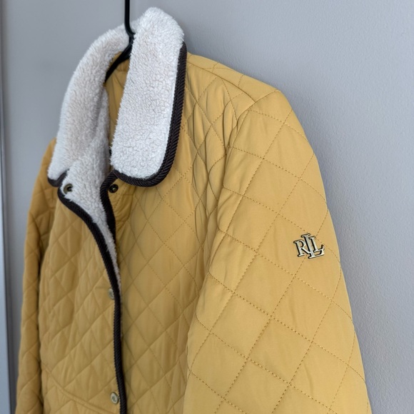 Lauren Ralph Lauren Mustard Quilted Jacket Faux Sherpa Collar Corduroy Trim Sz M - Picture 2 of 13